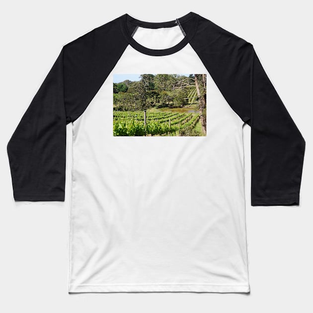 Vine Rows and Lilly Pond at Magpie Springs - Adelaide Hills - Fleurieu Peninsula by Avril Thomas Baseball T-Shirt by MagpieSprings